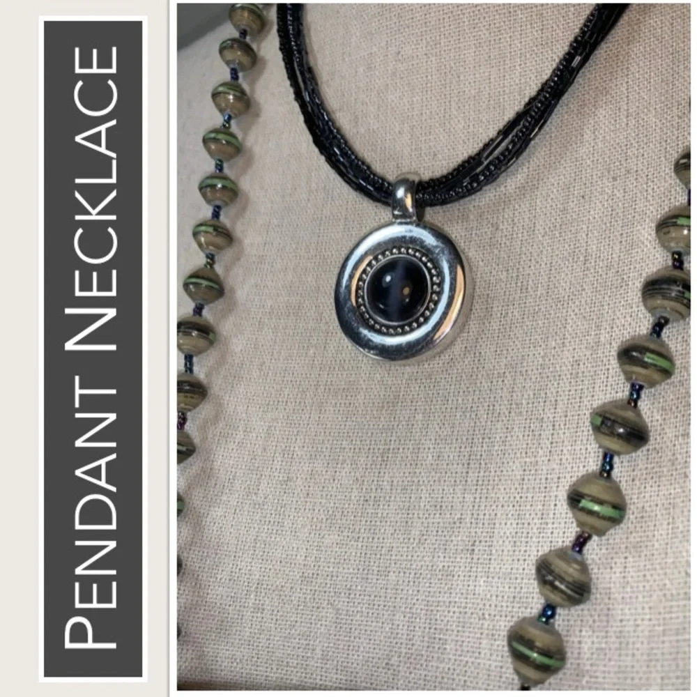5-Strand Pendant Necklace,‎ Silver-tone Pendant Inlaid Black Stone & Bead Detail
